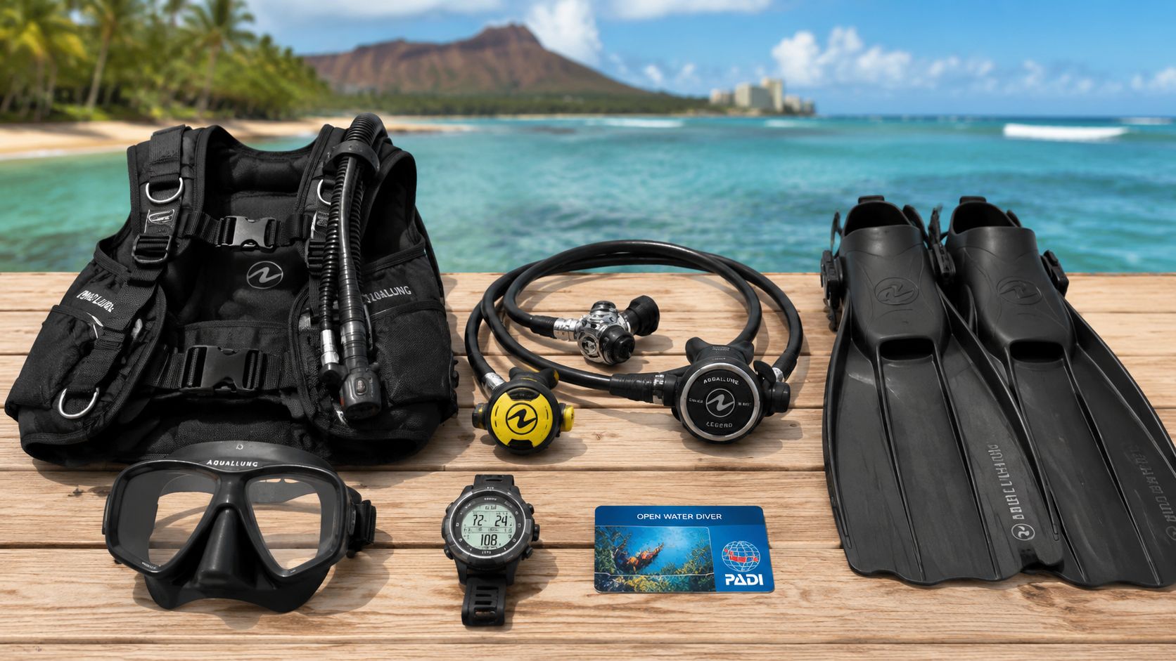 A collection of scuba diving gear including a BCD, regulator, mask, fins, watch, and PADI certification card.