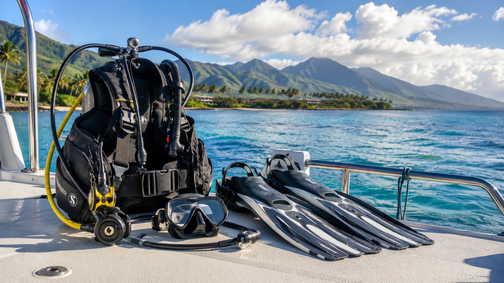 Scuba diving equipment including a buoyancy control device, mask, and fins on a boat deck in Hawaii.