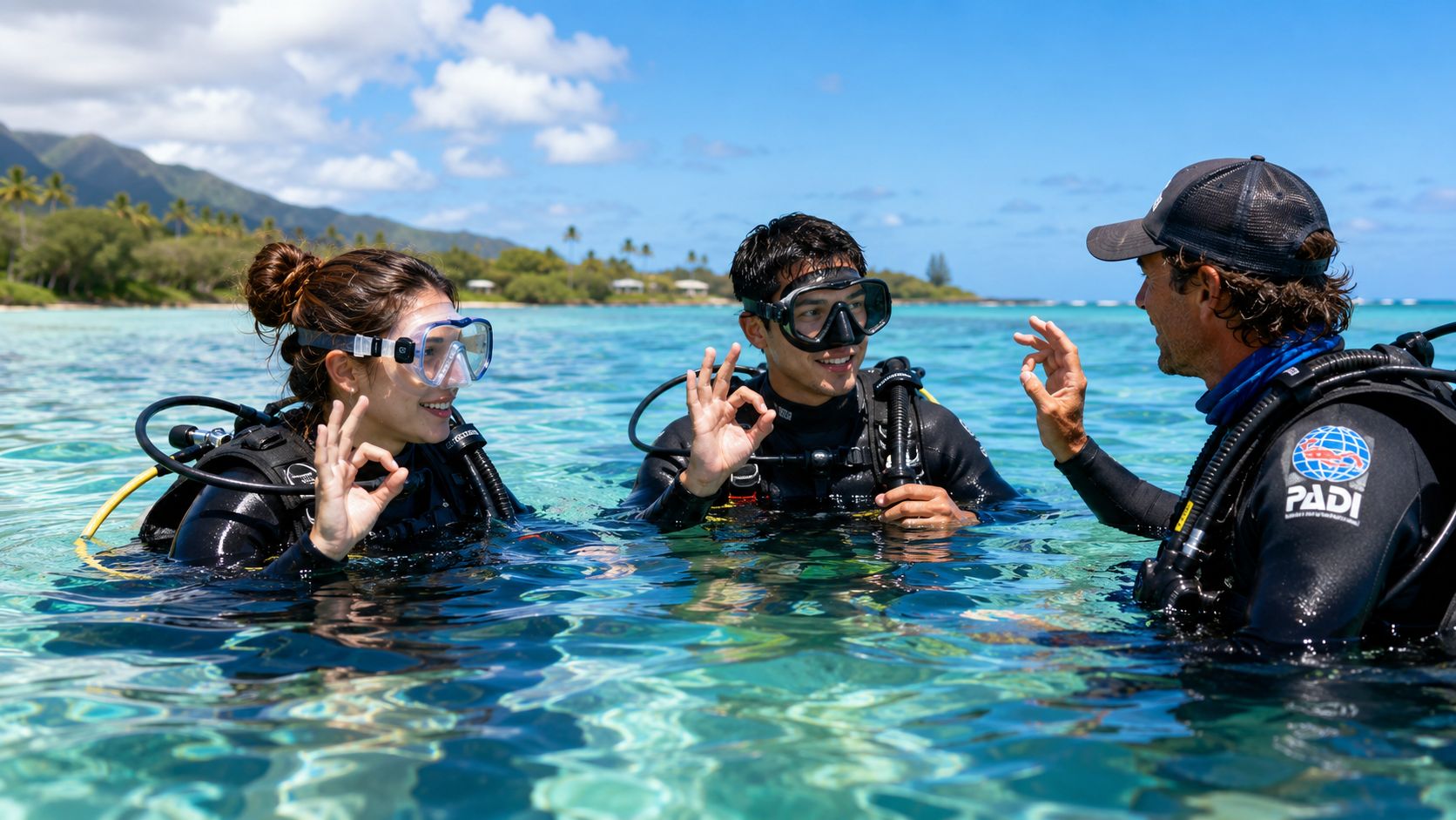 A PADI instructor teaching two students how to use hand signals during scuba diving in Hawaii.