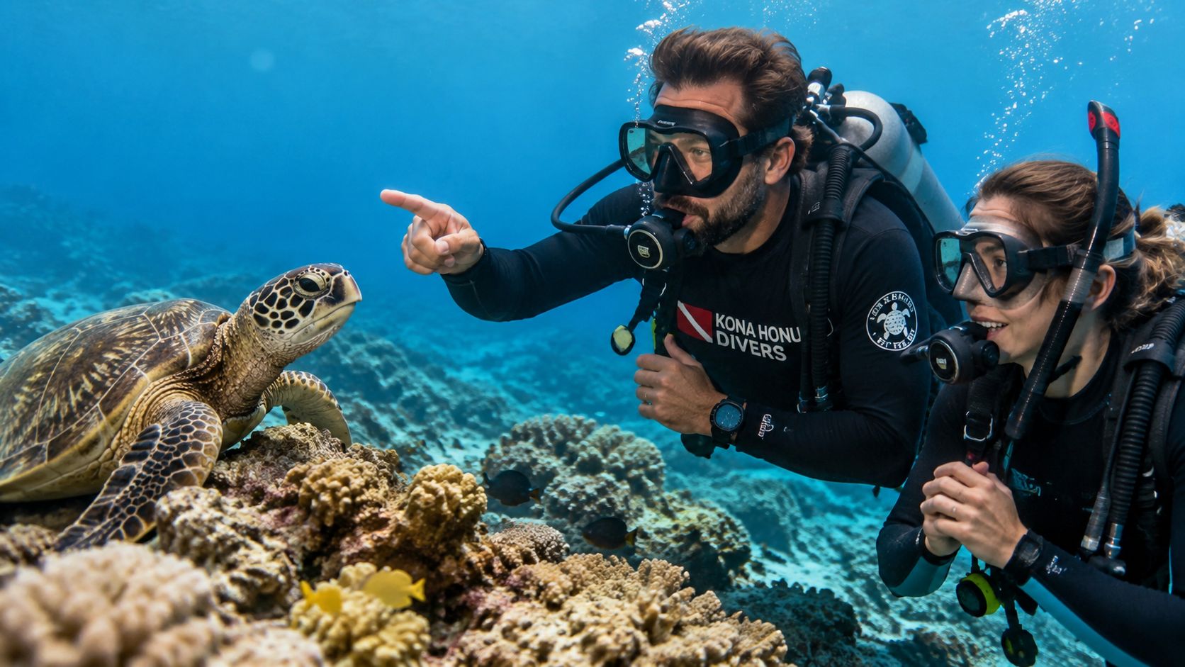 A scuba diver points at a sea turtle while a companion watches underwater in Hawaii.
