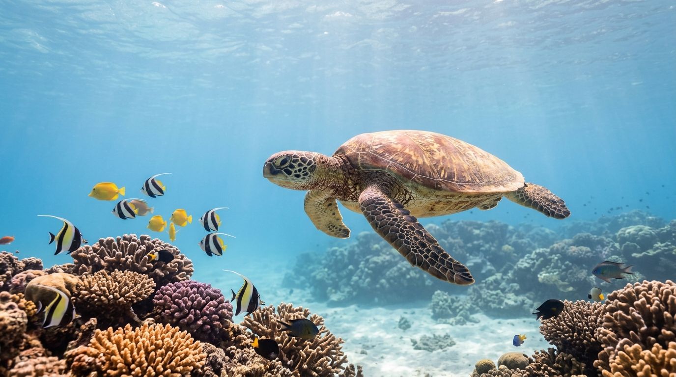 A majestic green sea turtle swims gracefully through vibrant tropical waters near a colorful coral reef.
