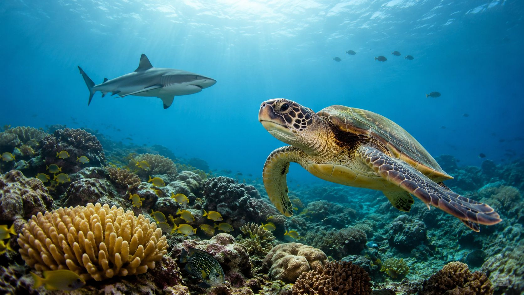 A sea turtle swims gracefully near a vibrant coral reef while a shark glides in the background.