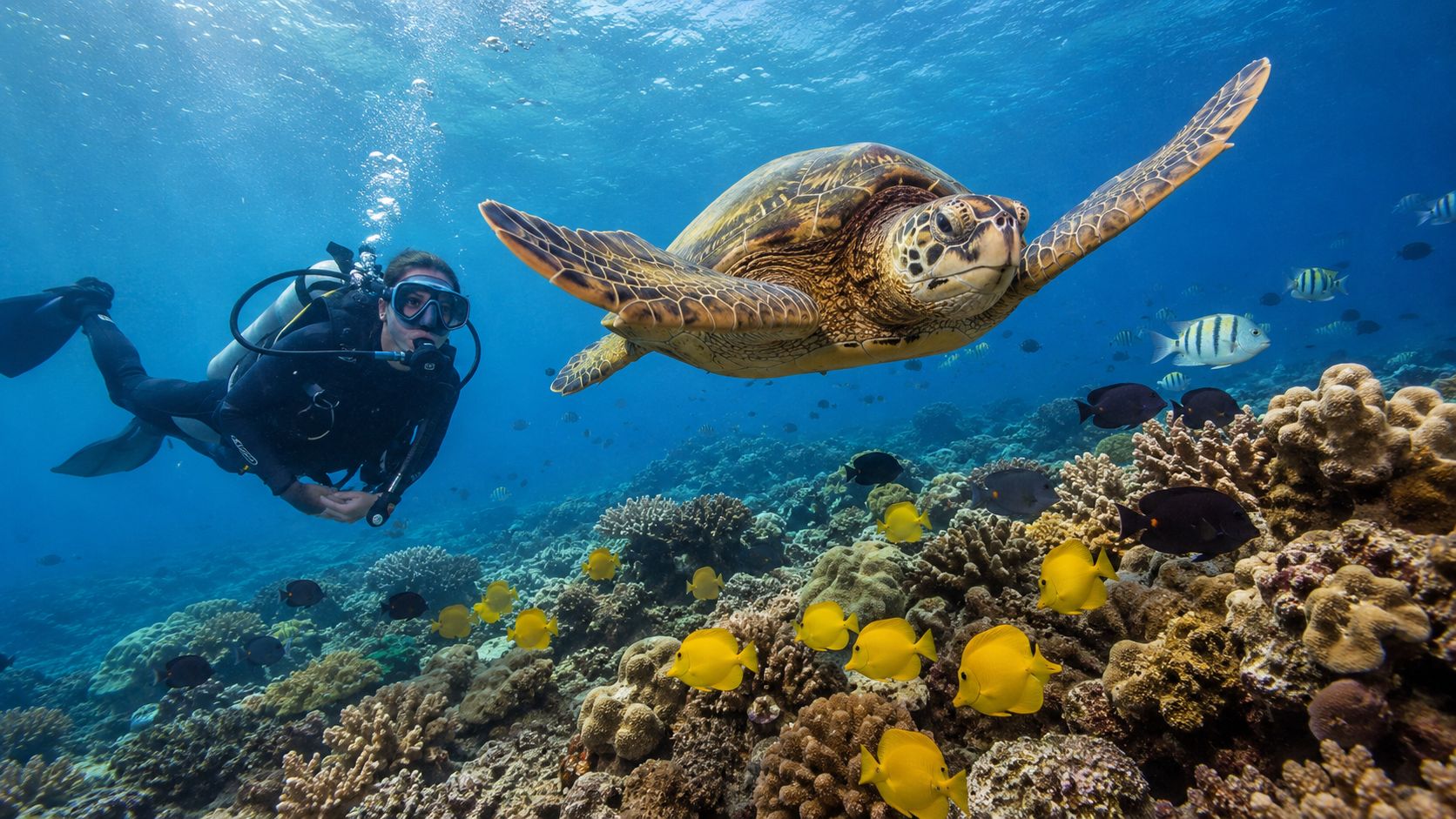 A scuba diver swims underwater alongside a large sea turtle near a colorful coral reef in Hawaii.