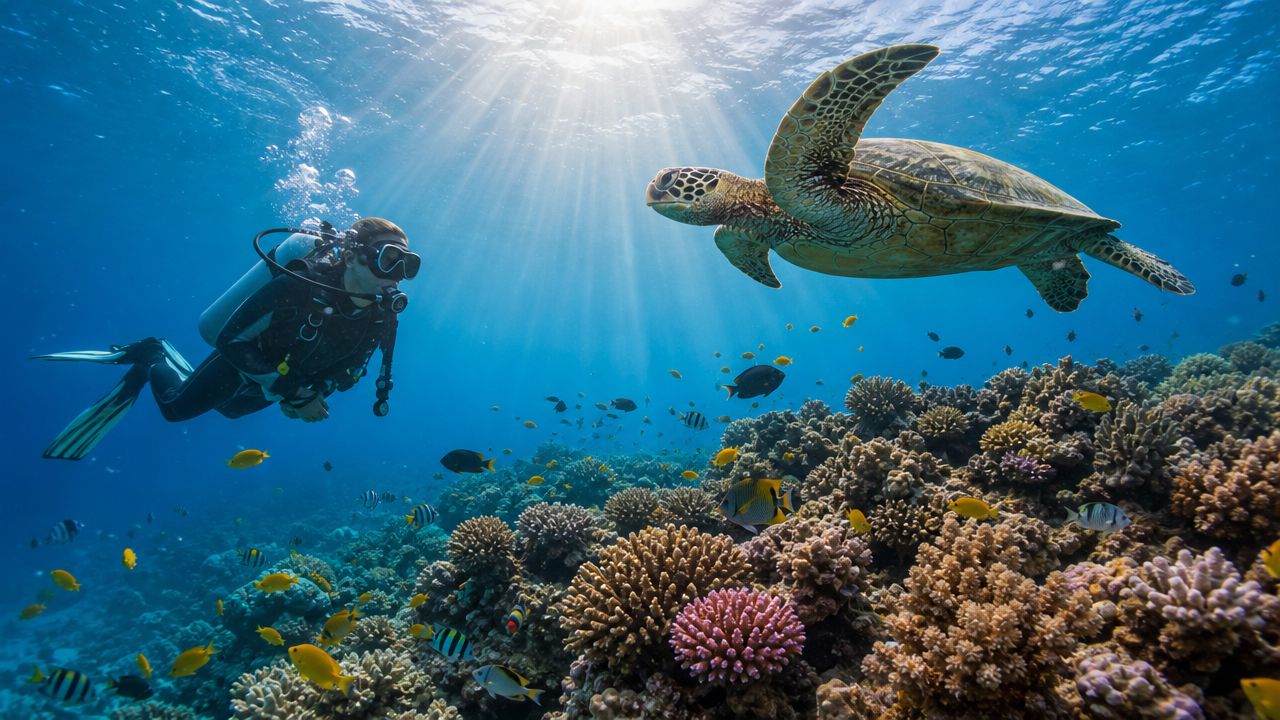 A scuba diver swims alongside a sea turtle near a vibrant coral reef in clear blue water.