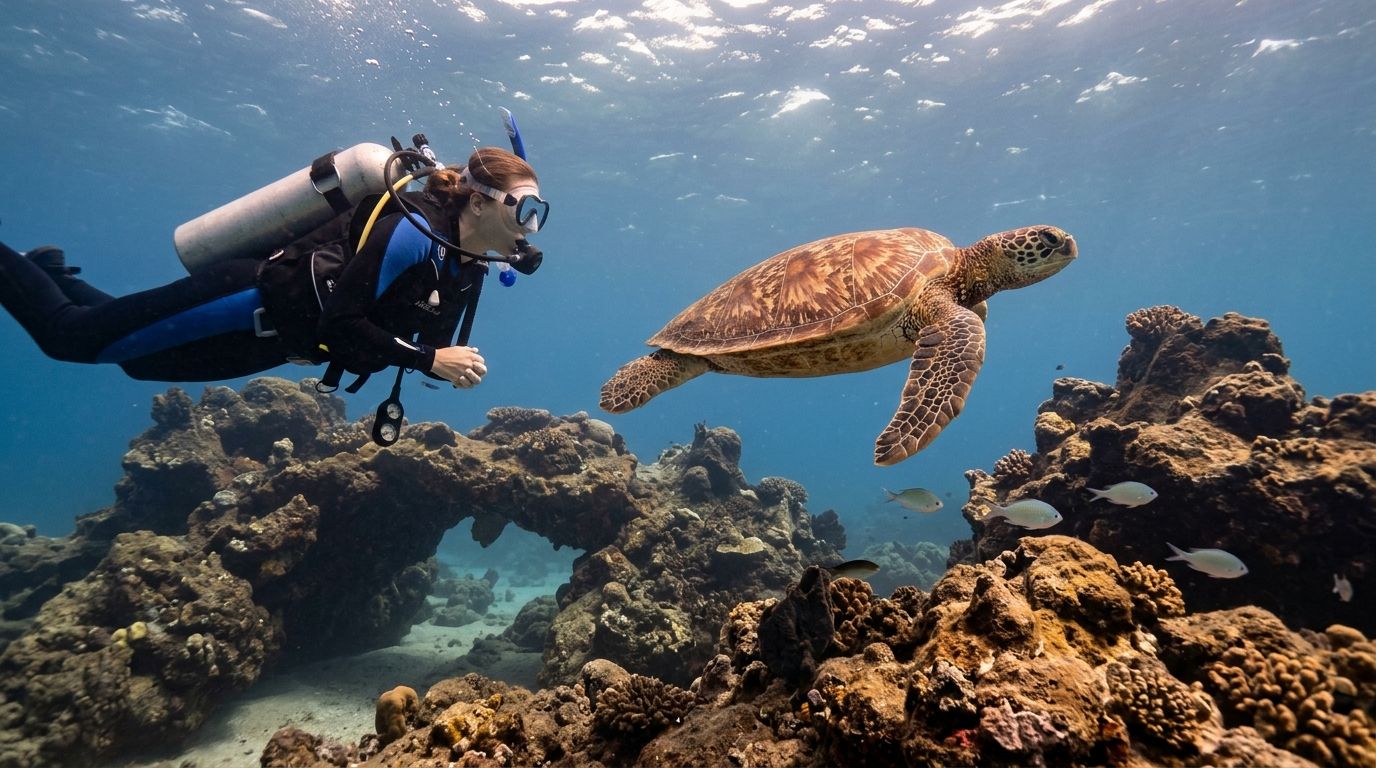 A scuba diver swims underwater alongside a large green sea turtle near a vibrant coral reef.