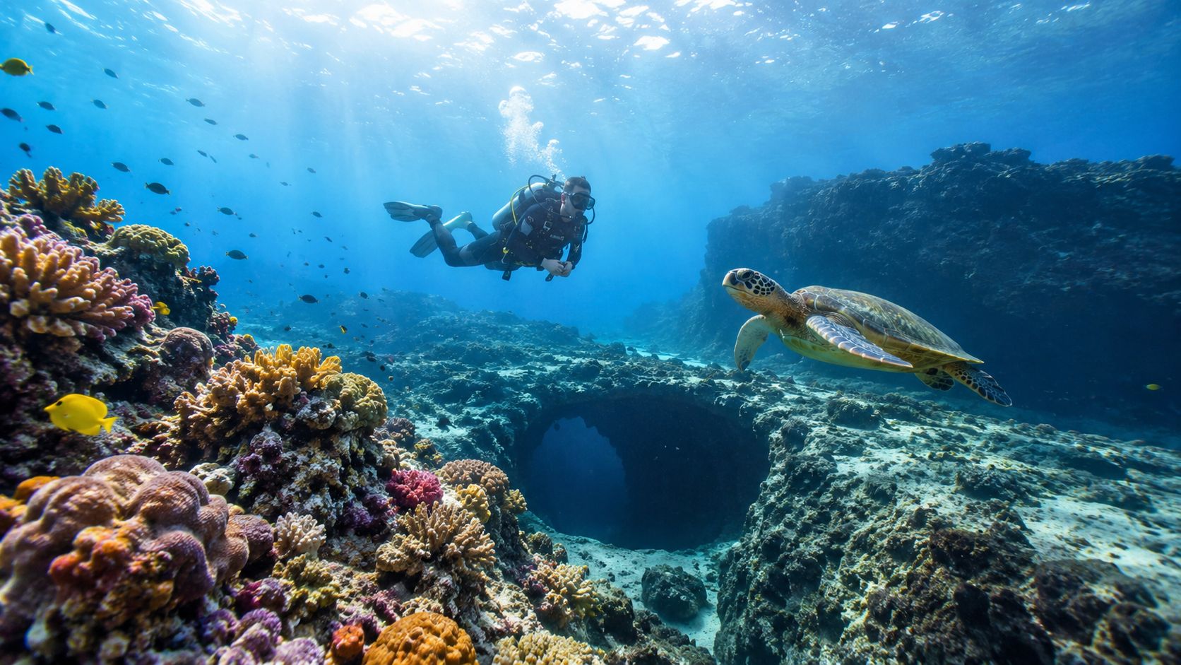 A scuba diver explores a vibrant coral reef in Hawaii alongside a large green sea turtle.