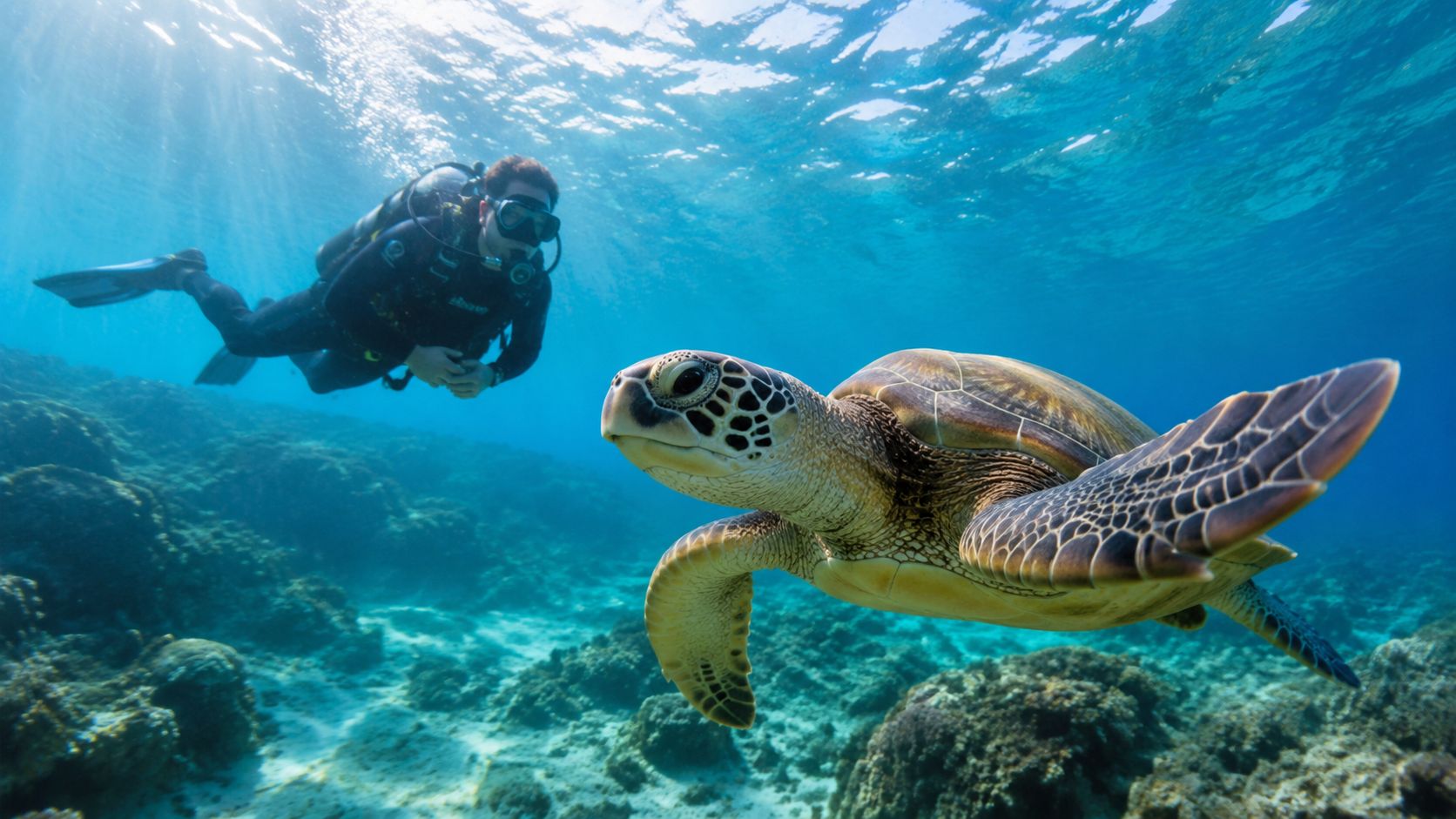 A scuba diver swims near a sea turtle in the clear blue waters of the ocean.