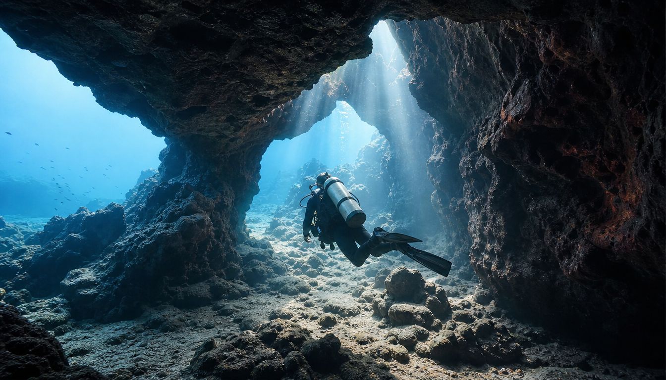 A scuba diver explores a breathtaking underwater volcanic cave in Hawaii with sunlight filtering through the water.