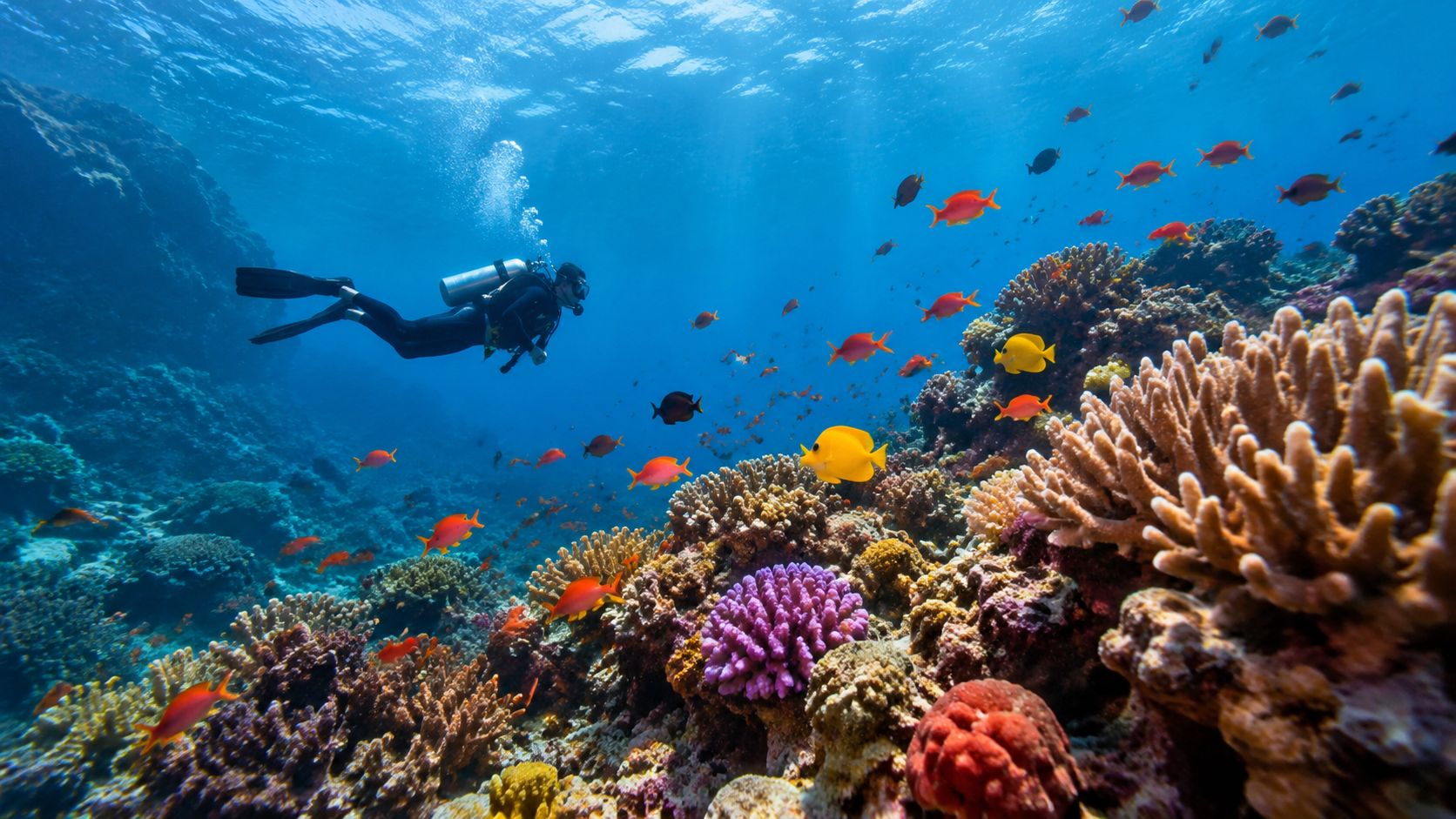 A scuba diver explores a colorful coral reef filled with schools of tropical fish in Hawaii.