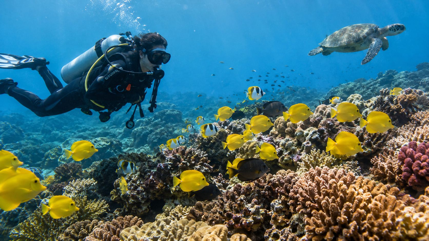 A scuba diver swimming among vibrant yellow tang fish and coral reefs with a sea turtle nearby.