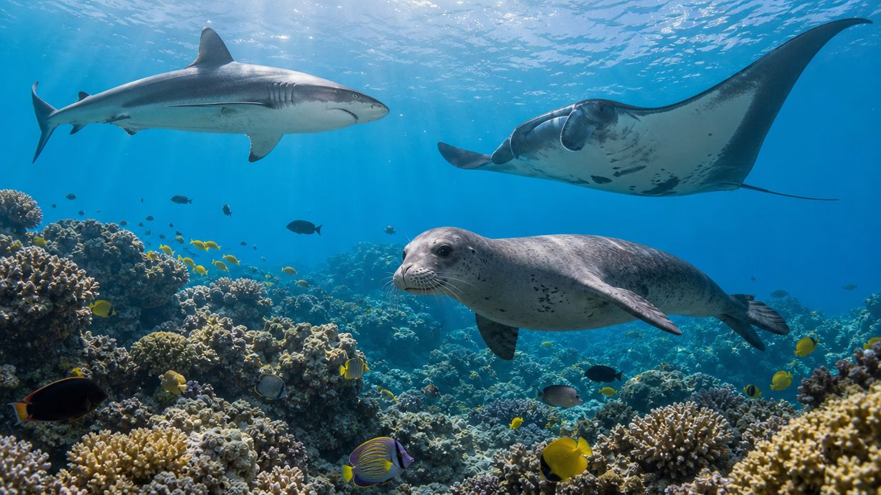 A shark, a manta ray, and a monk seal swimming together over a vibrant tropical coral reef.
