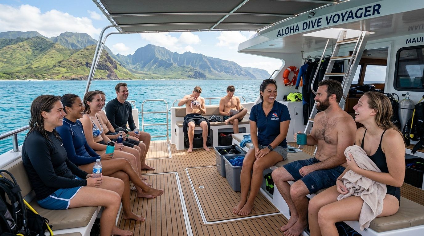 A group of people sitting and talking on the deck of an Aloha Dive Voyager boat
