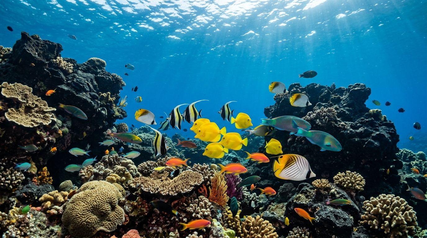 Vibrant tropical fish swim among intricate coral reefs in the clear, sunlit waters of the Pacific Ocean.