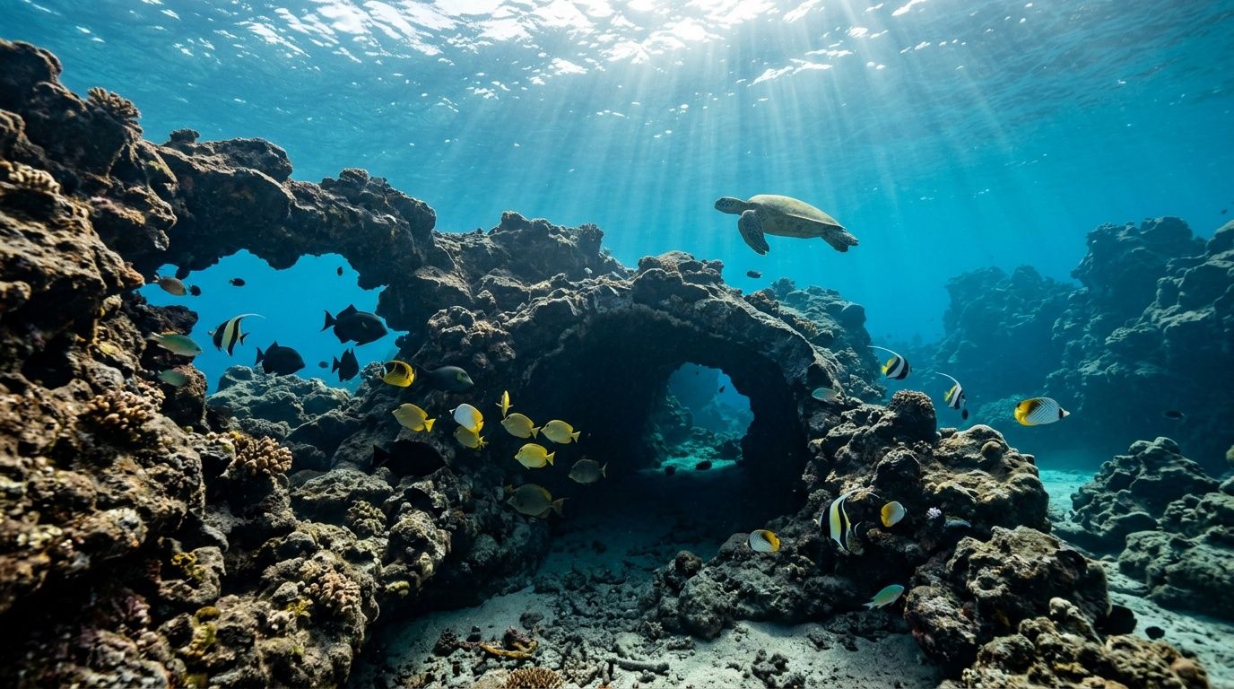 A sea turtle swims above a vibrant coral reef filled with colorful tropical fish in crystal clear water.