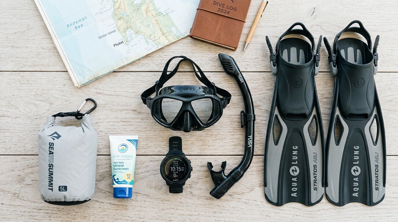 A flatlay of scuba diving gear including a dive mask, snorkel, fins, dive watch, and sunscreen.