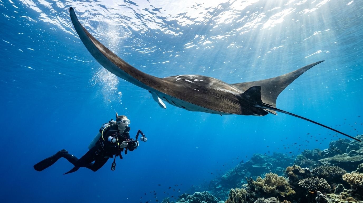 A scuba diver photographing a majestic manta ray swimming gracefully over a coral reef in blue water.