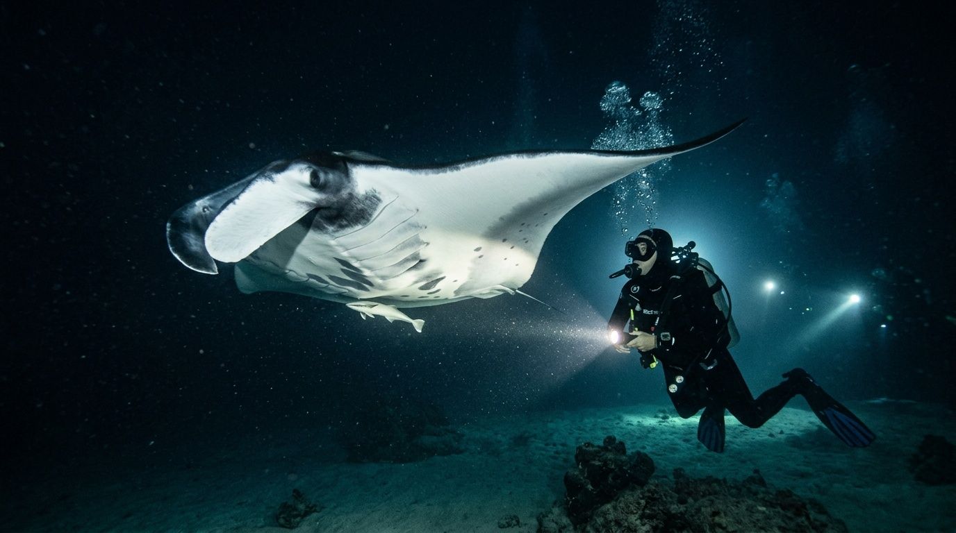 A scuba diver explores the dark ocean depths while swimming alongside a majestic manta ray at night.