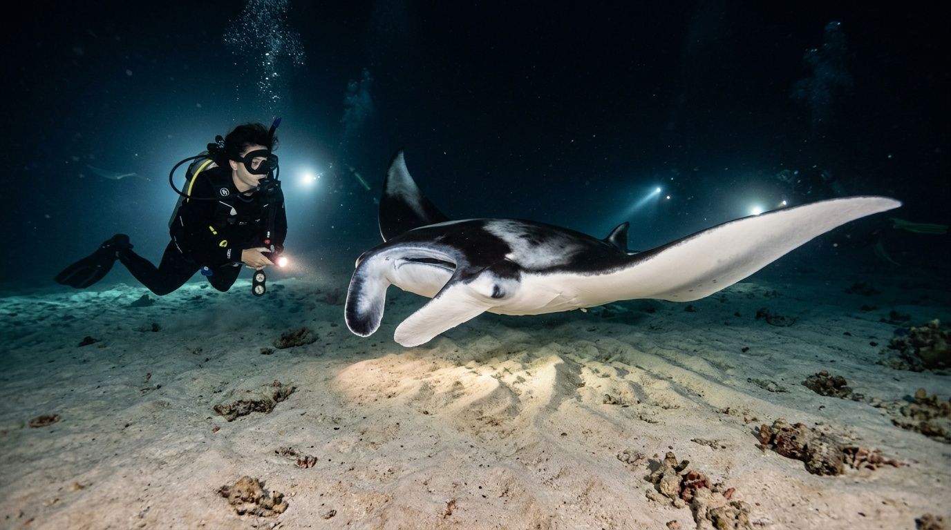 A scuba diver explores the seafloor with a large manta ray illuminated by lights at night.