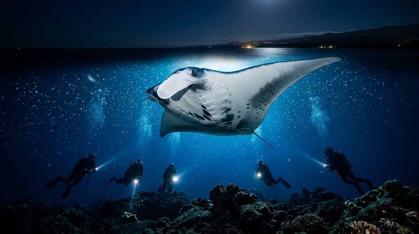 Scuba divers use lights to watch a graceful manta ray swimming at night off Kona, Hawaii.