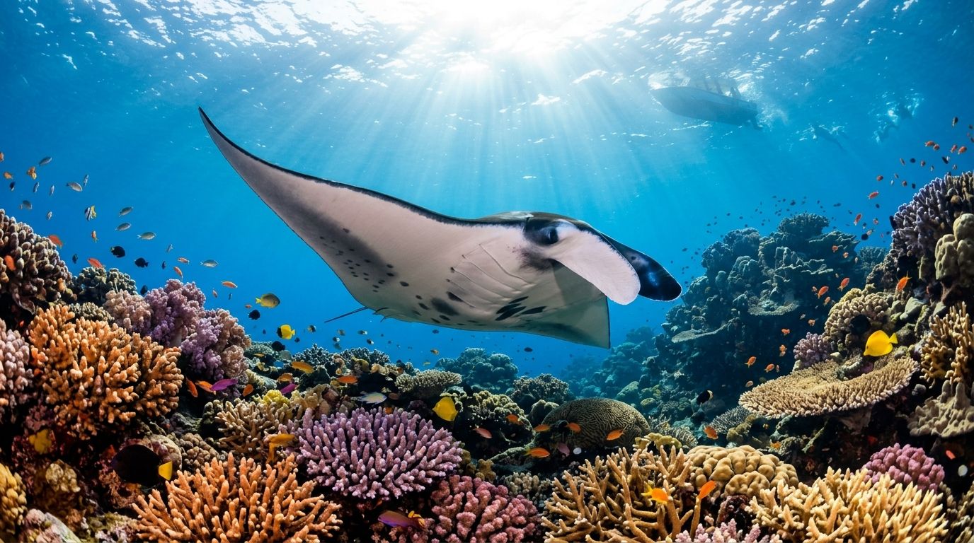 A majestic manta ray swimming above a colorful coral reef in clear blue tropical ocean waters.