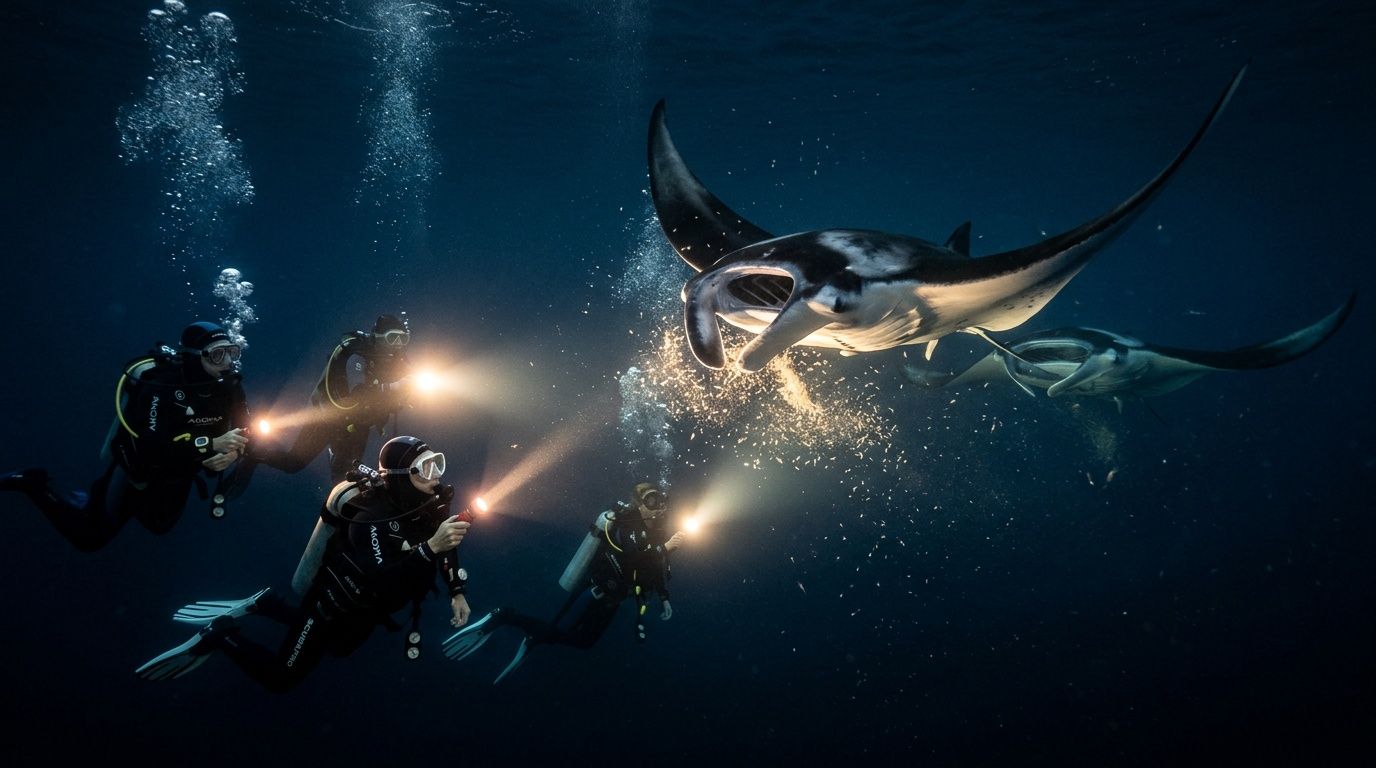 Scuba divers use flashlights to illuminate manta rays feeding at night in the deep ocean waters.