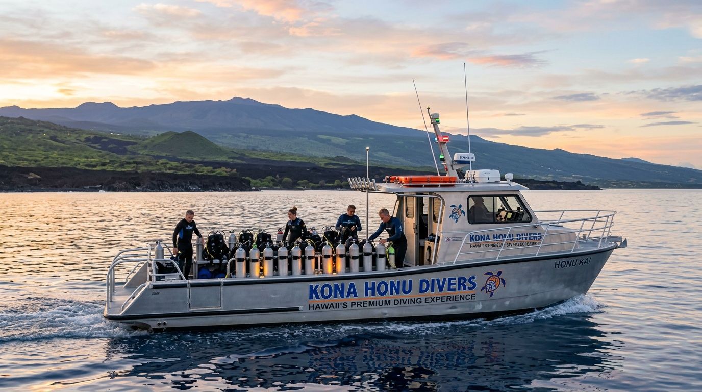 A Kona Honu Divers boat carries scuba divers and their equipment on the water near the Big Island.