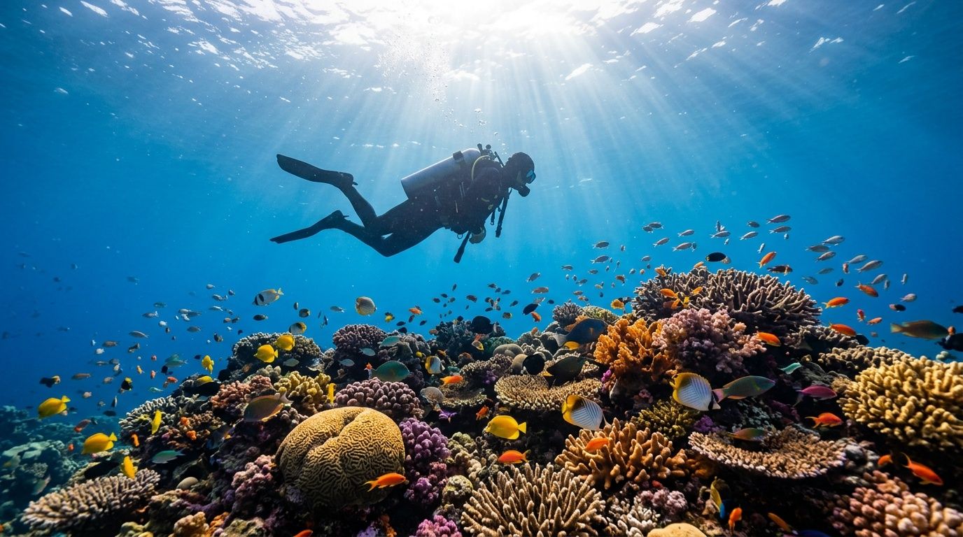 A scuba diver swims through crystal clear blue water above a vibrant and colorful tropical coral reef.