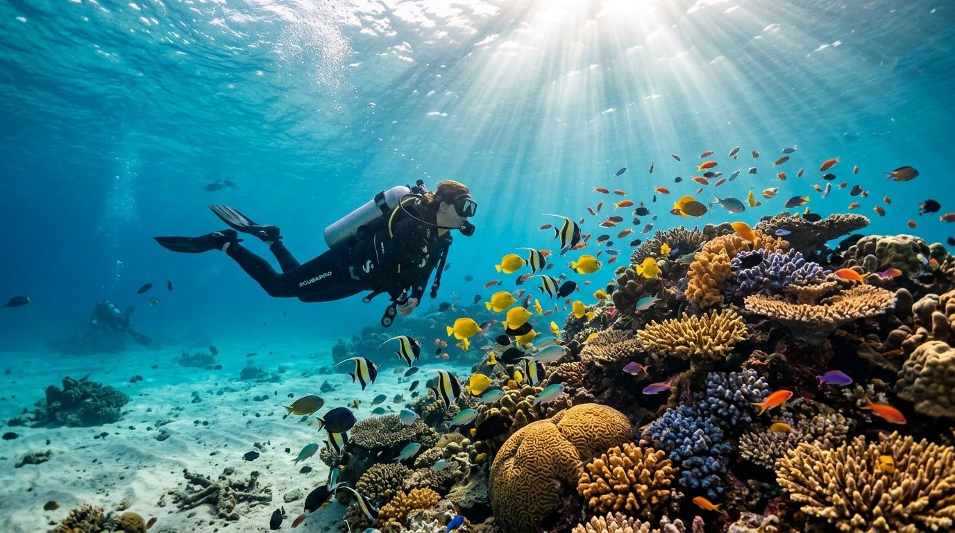 A scuba diver exploring a vibrant coral reef filled with colorful tropical fish on the Big Island.