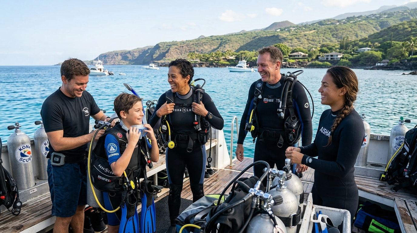 A group of happy divers preparing for a scuba diving excursion on a boat in Kona, Hawaii.
