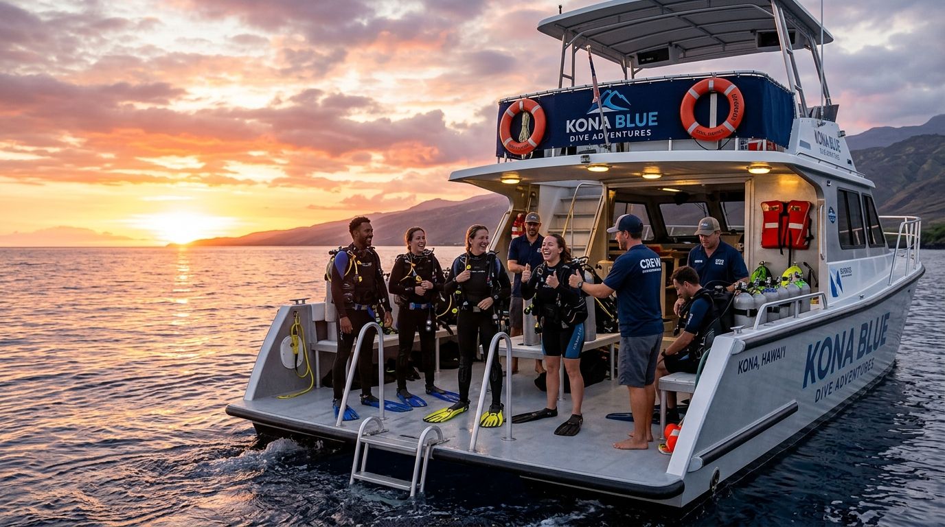 A group of happy scuba divers preparing to jump from a boat into the ocean at sunset.