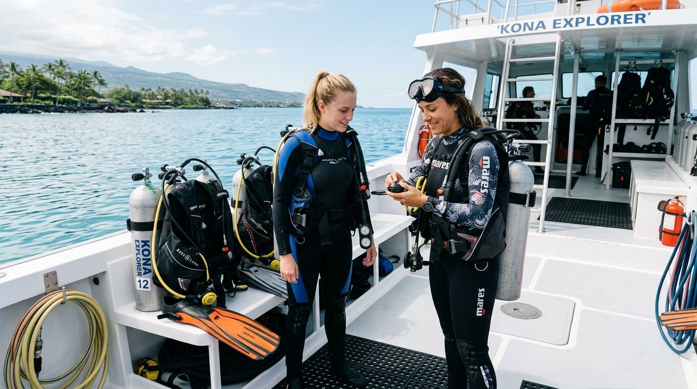 A scuba instructor shows diving equipment to a young woman on the deck of a boat in Kona.