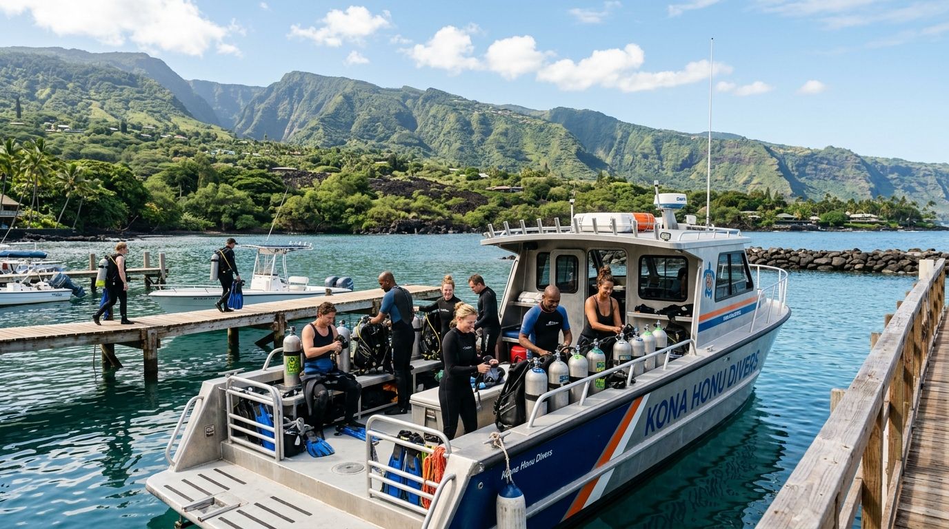 Scuba divers in wetsuits preparing their gear on a boat at a pier in Kona, Hawaii.