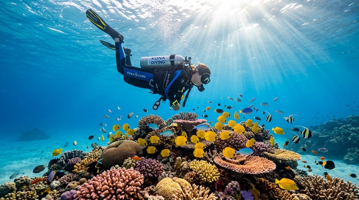 A scuba diver explores a vibrant coral reef filled with colorful tropical fish near Kona, Hawaii.