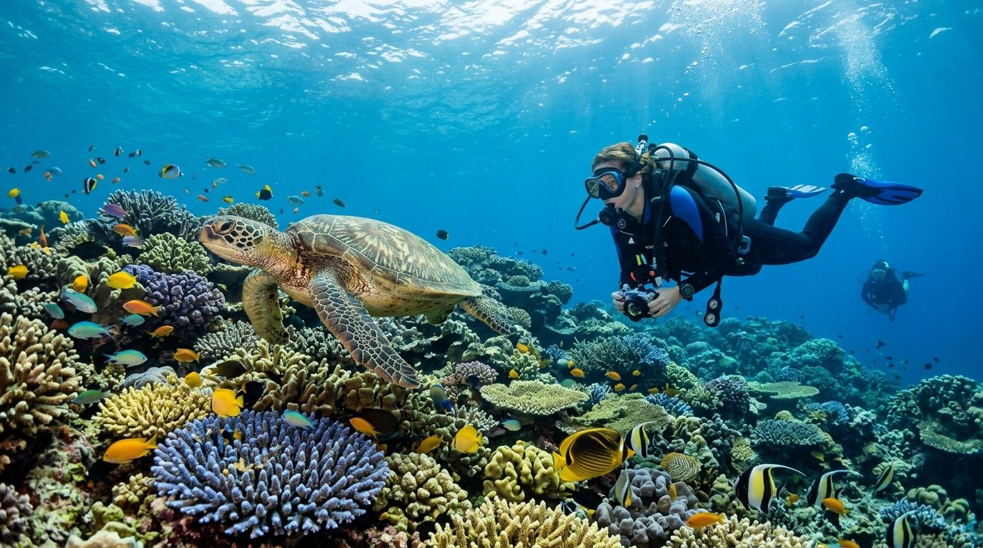 A scuba diver photographing a green sea turtle swimming over a colorful coral reef in clear water.