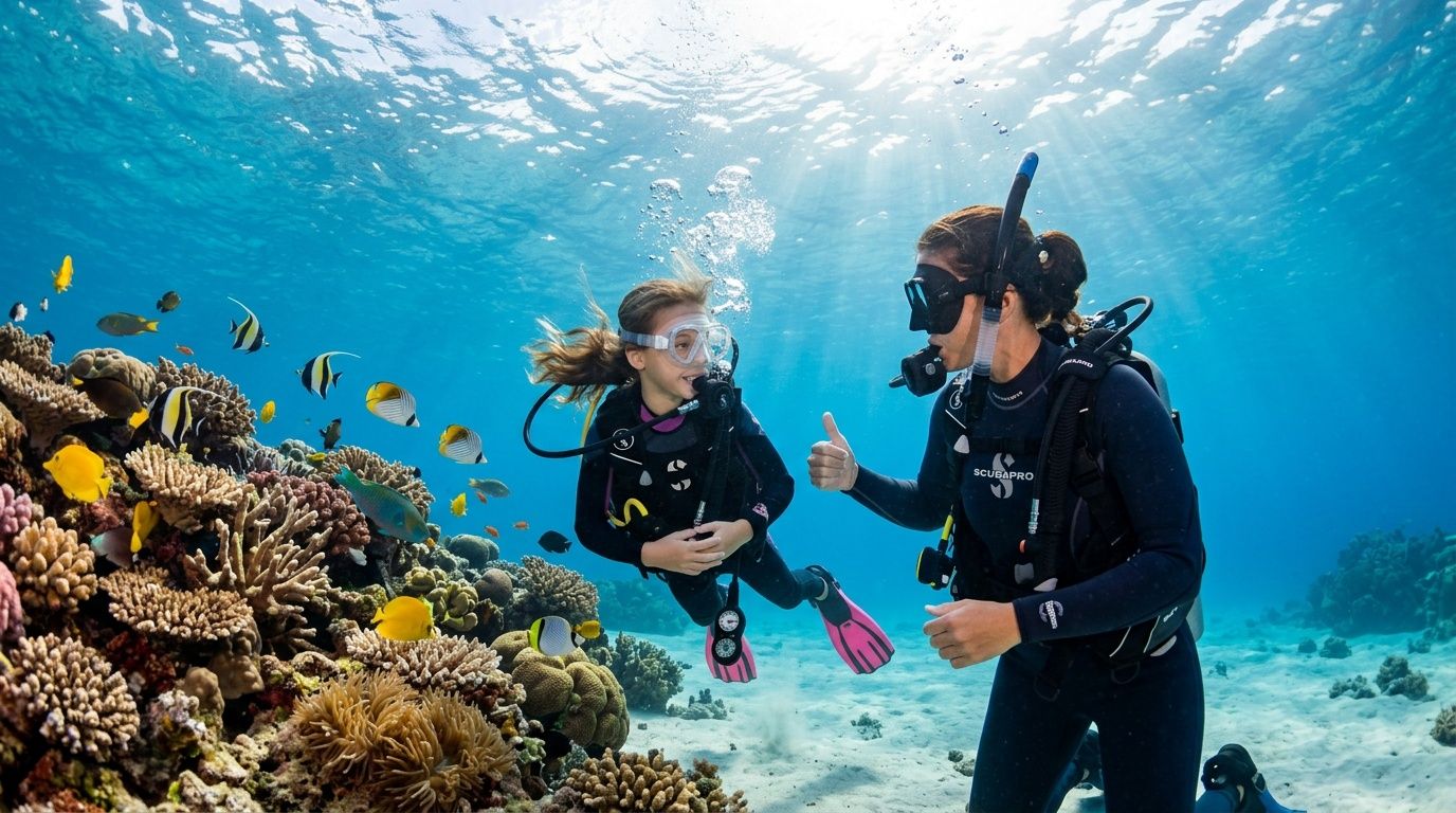 A young girl and an adult woman scuba diving together near a colorful tropical coral reef