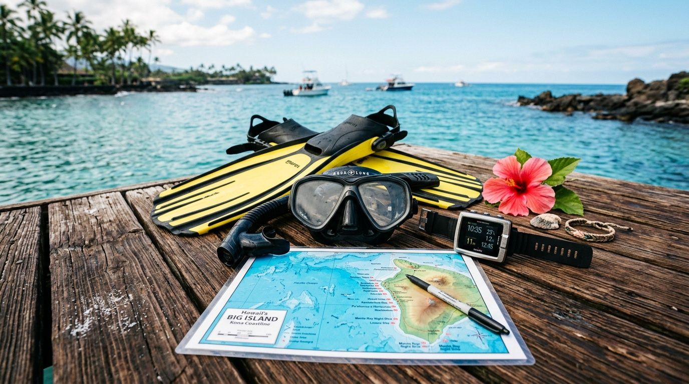 Snorkeling gear, a dive watch, and a map of Hawaii's Big Island placed on a wooden pier.