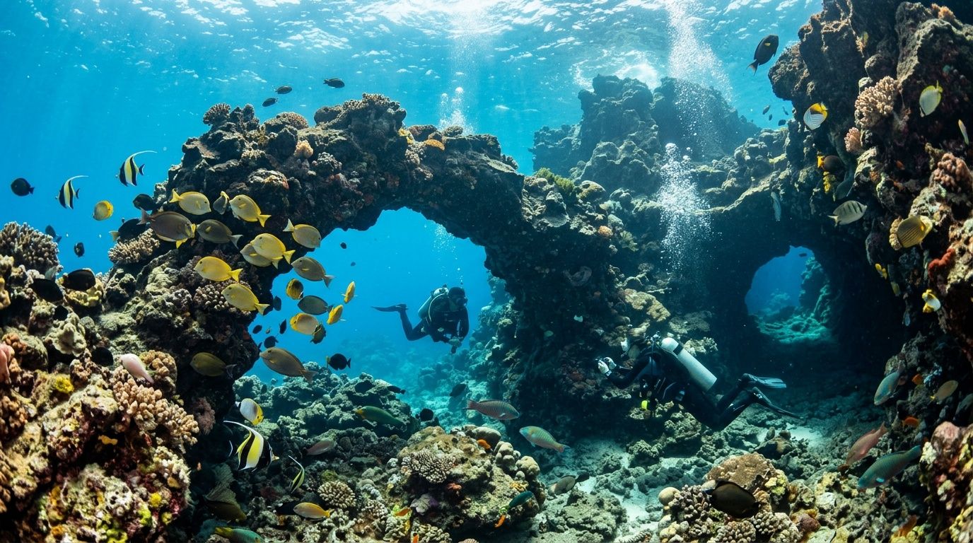 Two scuba divers exploring beautiful underwater coral archway filled with schools of colorful tropical fish in Hawaii.