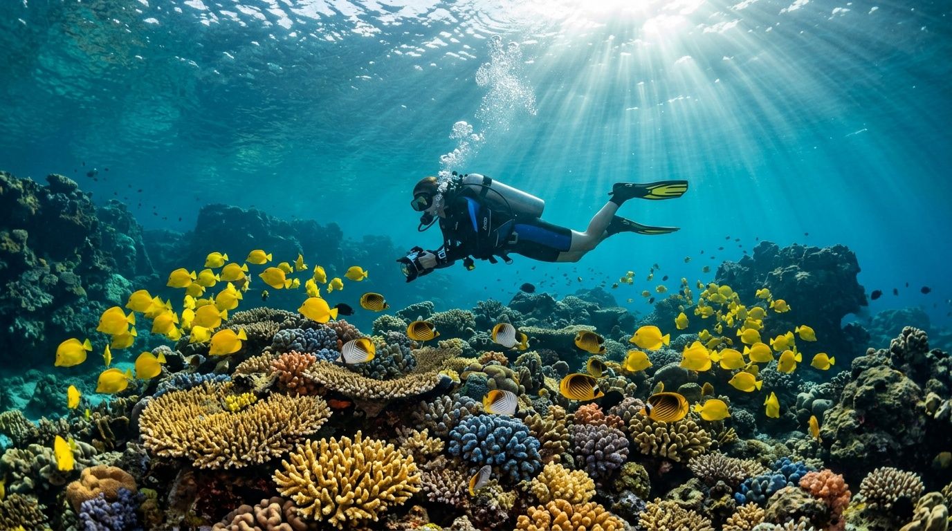 A scuba diver explores a vibrant coral reef filled with yellow tang fish near Kona Big Island.