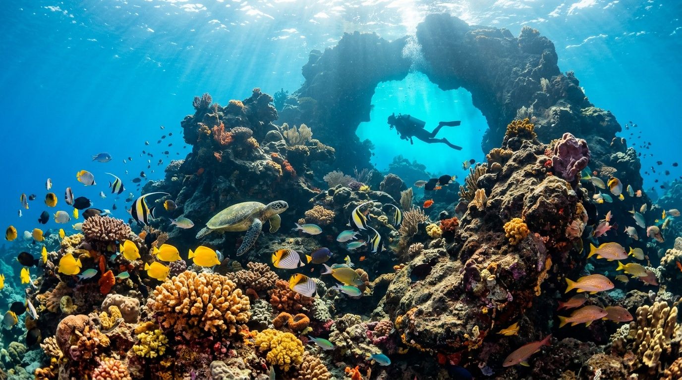 A scuba diver explores a vibrant coral reef archway filled with colorful tropical fish and a sea turtle.