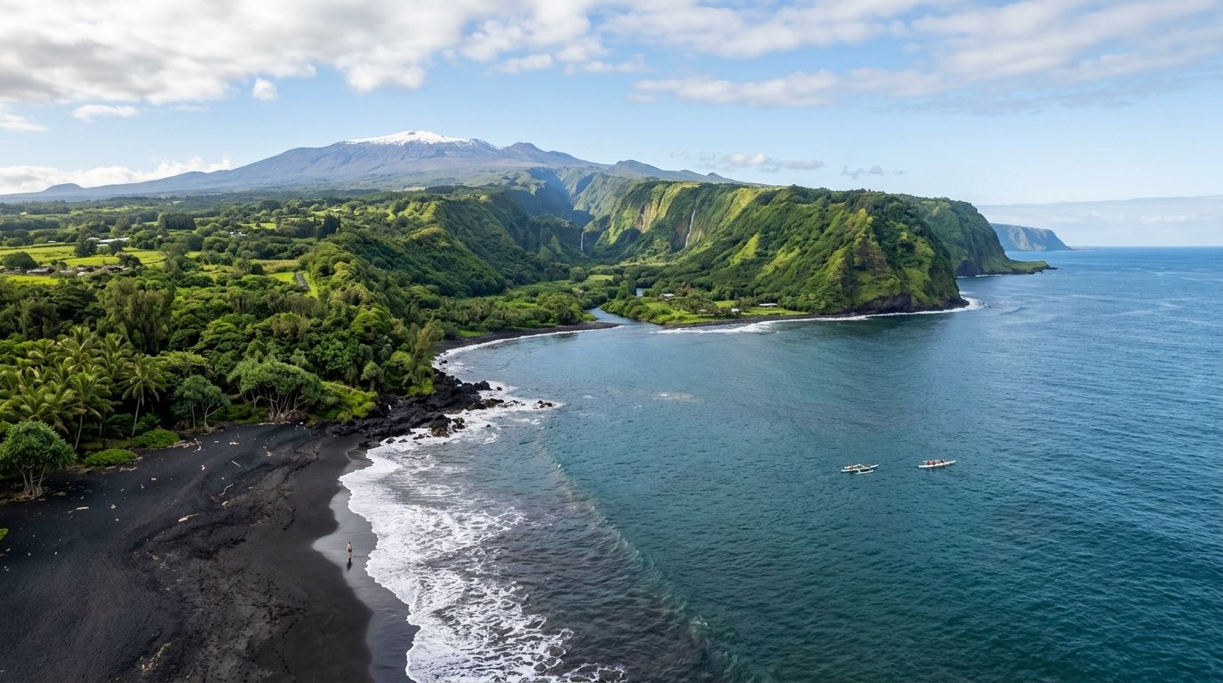 An aerial view of a black sand beach with a lush valley and snow-capped mountain behind.
