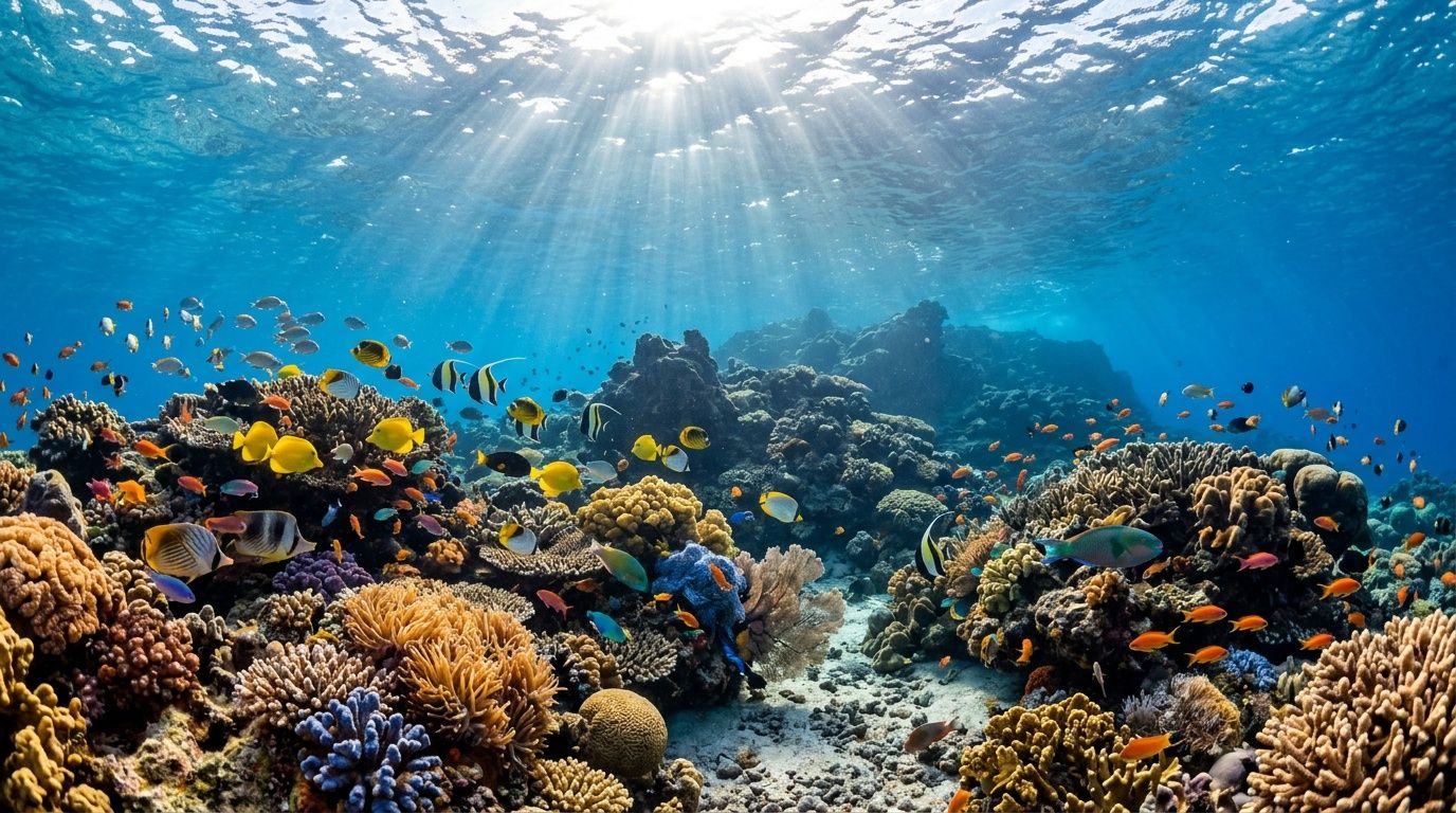 A vibrant tropical coral reef teeming with colorful fish under bright sunbeams filtering through blue ocean water.