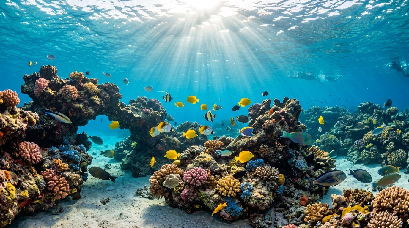 A vibrant coral reef in Kona, Hawaii, teeming with tropical fish and sunlight filtering through clear blue water.