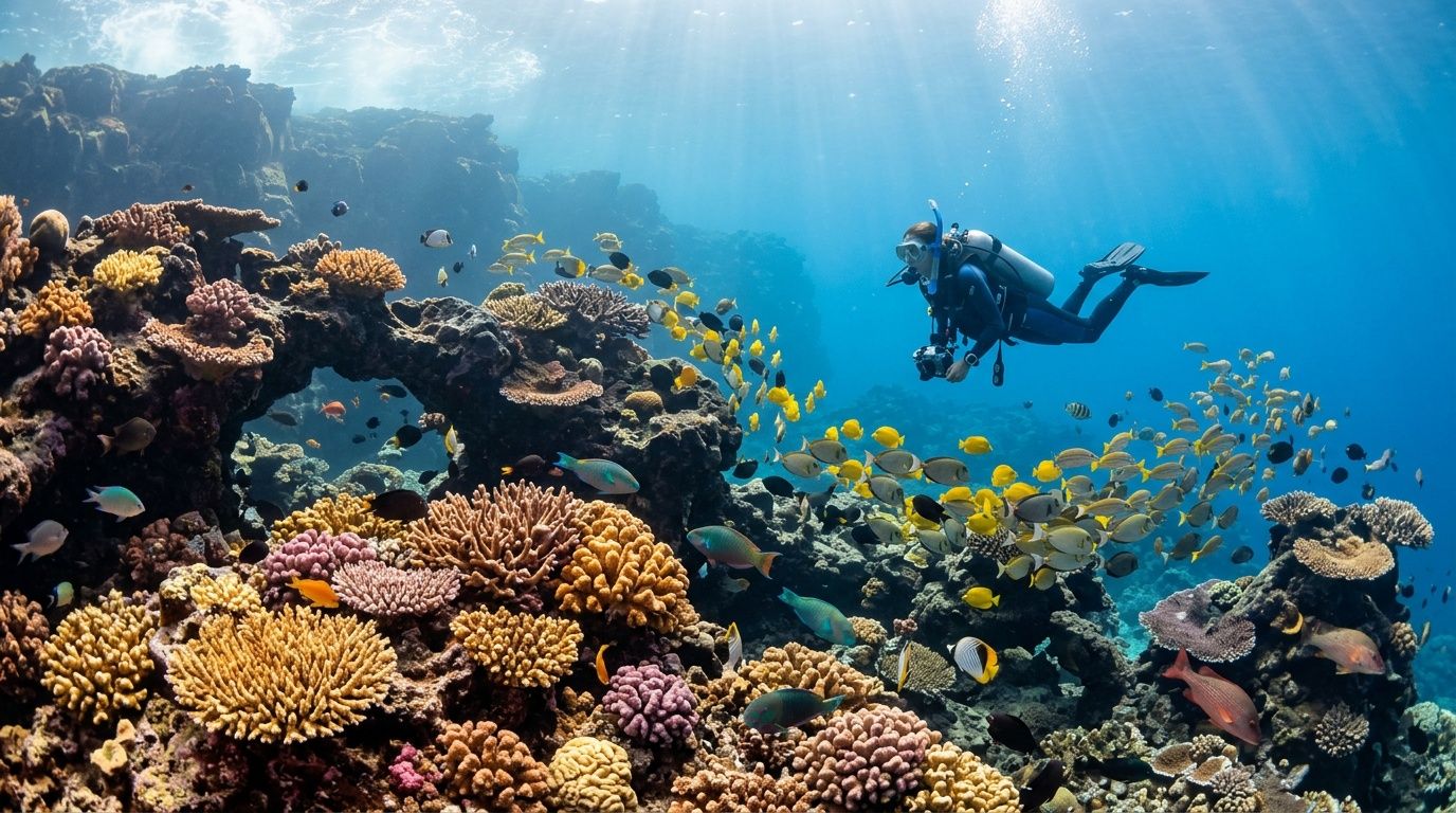 A scuba diver explores a vibrant coral reef teeming with colorful tropical fish in crystal clear blue water.