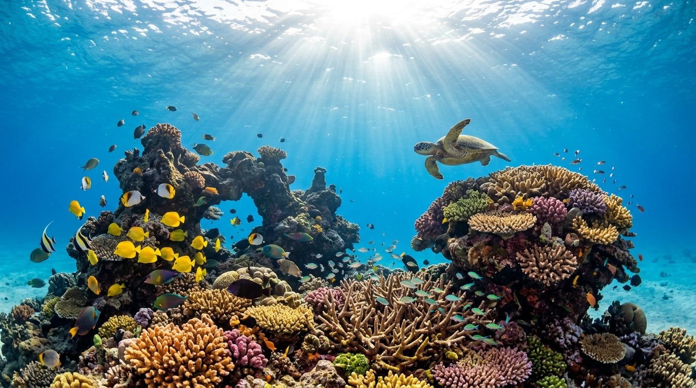 A sea turtle swims over a vibrant coral reef teeming with colorful tropical fish in crystal blue water.