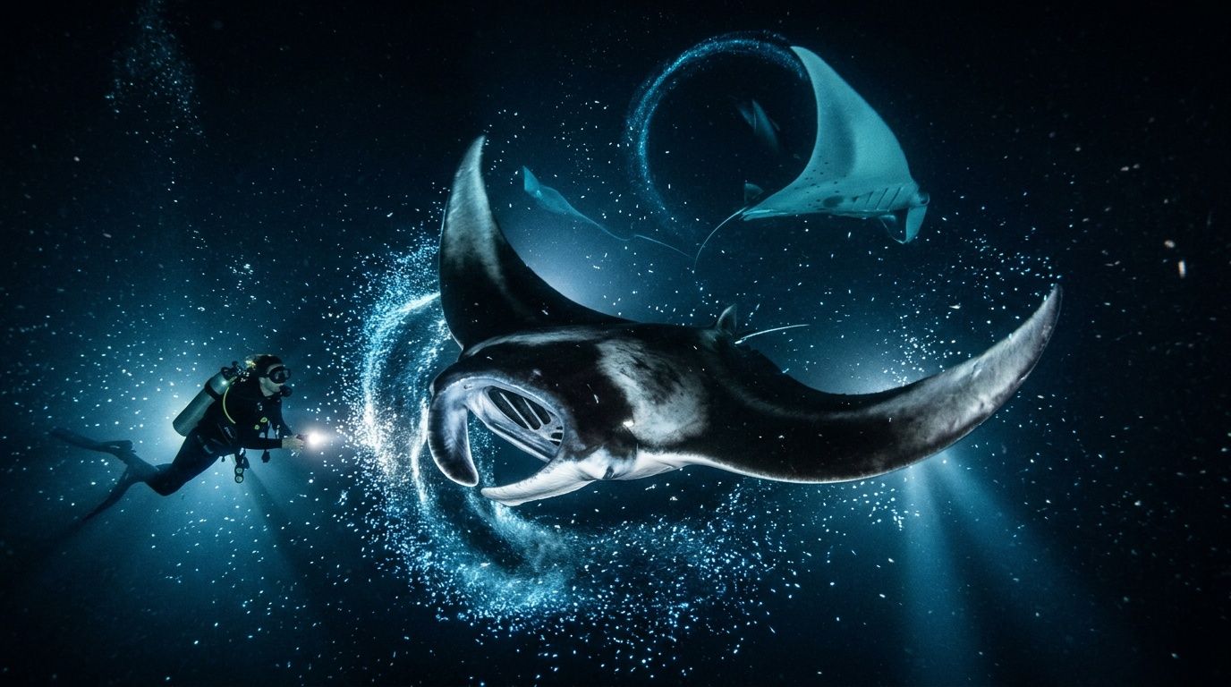 A scuba diver illuminates a graceful manta ray swimming through swirling plankton during a night dive.