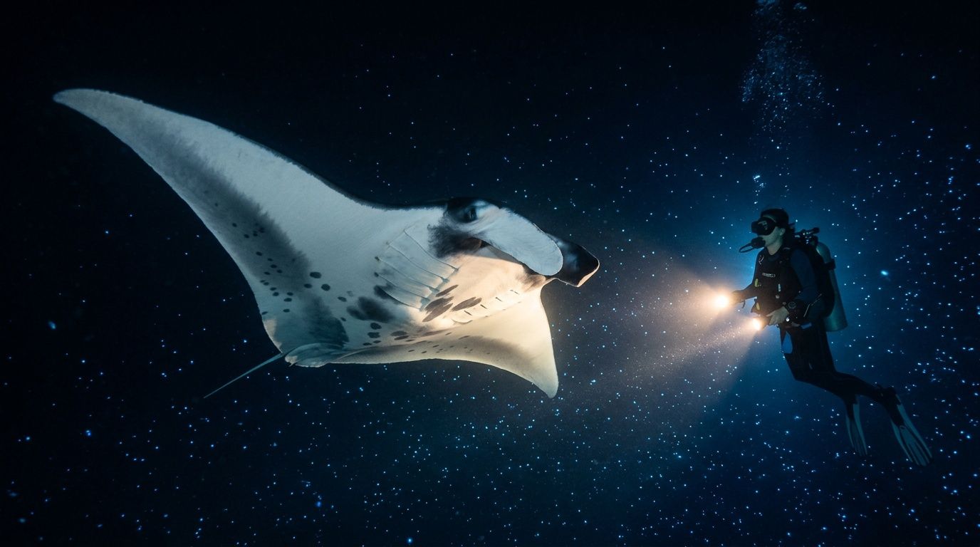 A scuba diver illuminates a graceful manta ray swimming through the dark ocean waters at night.