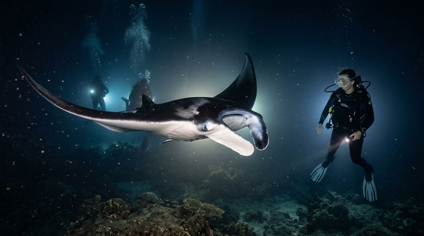 A scuba diver swims next to a large manta ray during a night dive in Hawaii.