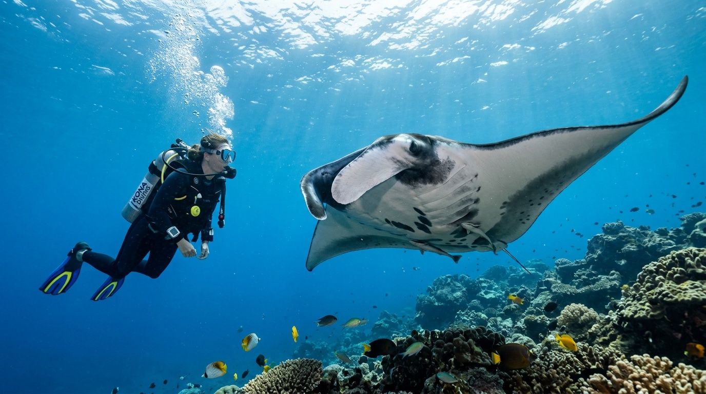 A scuba diver swims underwater alongside a large manta ray over a vibrant coral reef in Hawaii.