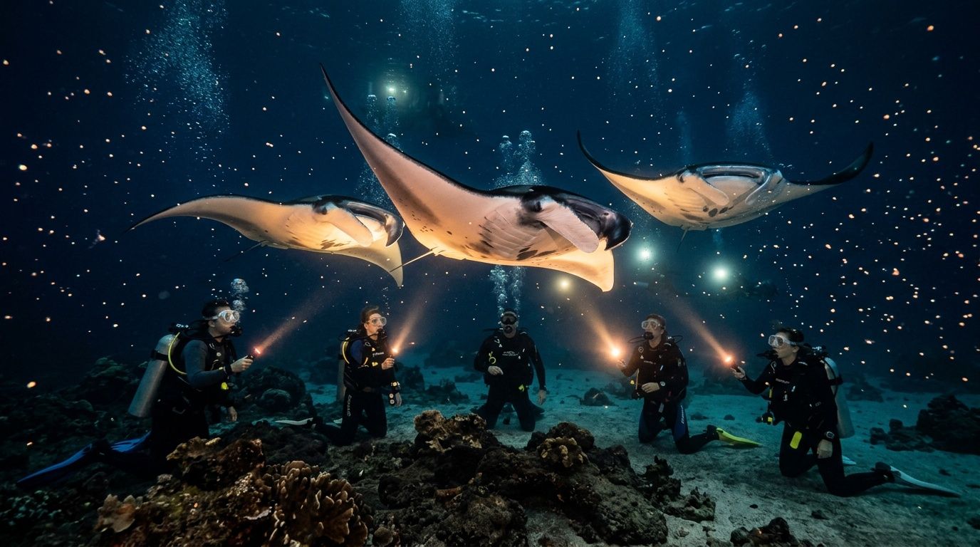 Scuba divers use flashlights while observing majestic manta rays swimming underwater on the Big Island of Hawaii.