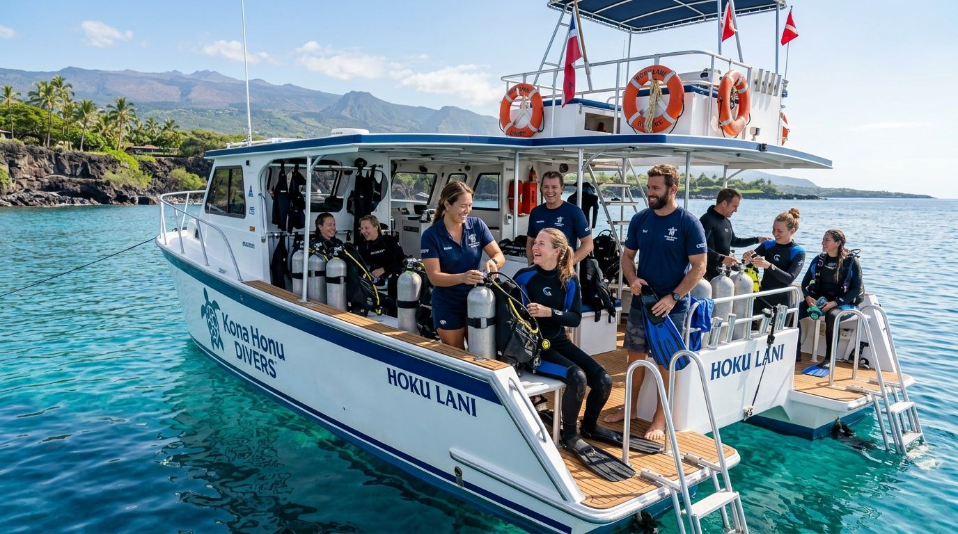 A group of scuba divers on a boat operated by Kona Honu Divers off the coast of Hawaii.
